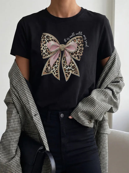 Women's "It Is Well With My Soul" Leopard Bow Short Sleeved Tee