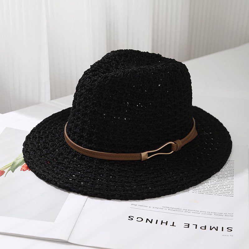 Ladies' Straw Fedora Sun Hat with Leather Band | Wide Brim Summer UV Protection