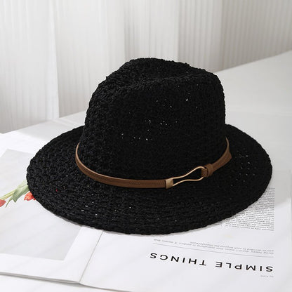 Ladies' Straw Fedora Sun Hat with Leather Band | Wide Brim Summer UV Protection
