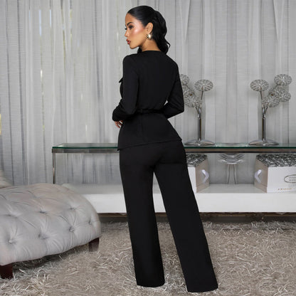 Elegant Two-Piece Belted Blazer & Wide-Leg Pants Set - Sophisticated Professional Workwear for Women