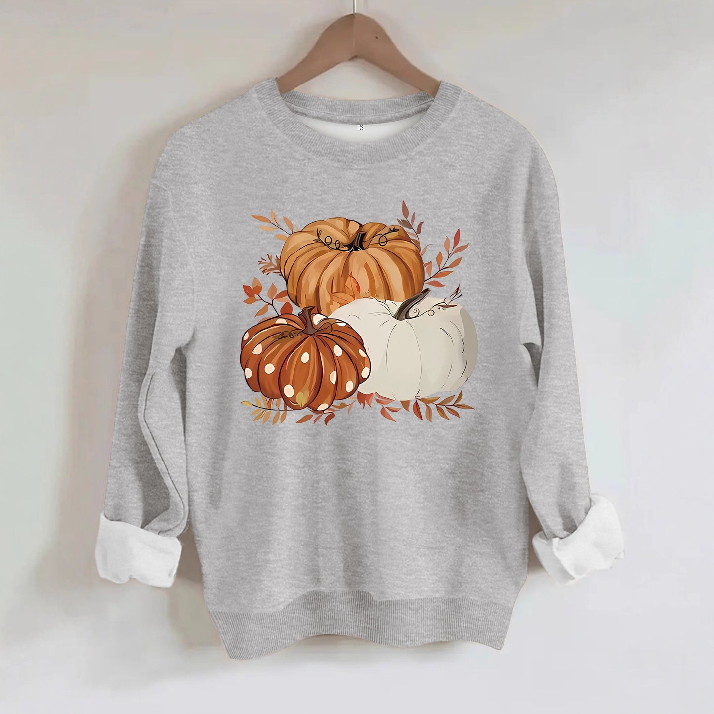 Three Pumpkin Pattern Printed Fall Sweatshirt | Thanksgiving Autumn Graphic Pullover