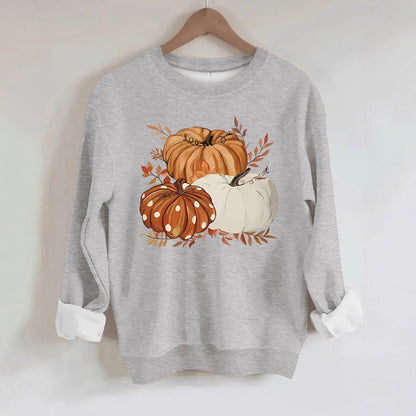 Three Pumpkin Pattern Printed Fall Sweatshirt | Thanksgiving Autumn Graphic Pullover