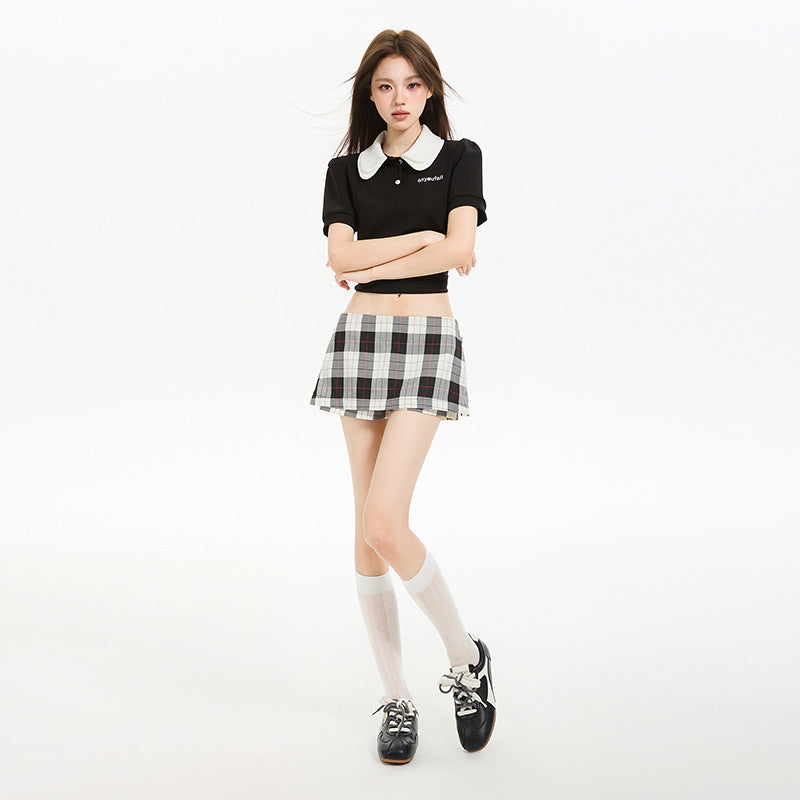 Retro Plaid Mini Skort for Women - Black & White Contrast Design