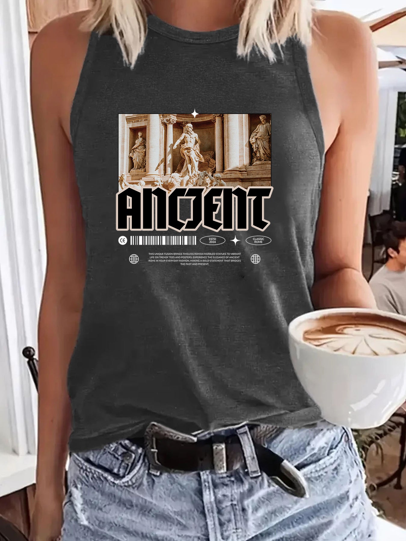 ANOENT Pattern Loose Women's Tank Top | Ancient Ruins Graphic Sleeveless Shirt