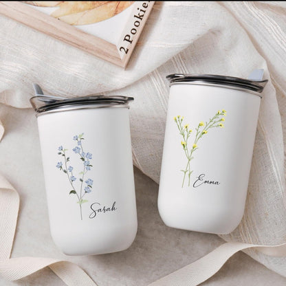 Personalized Bridesmaid Wine Tumbler - Stainless Steel Insulated Cup with Floral Name Design