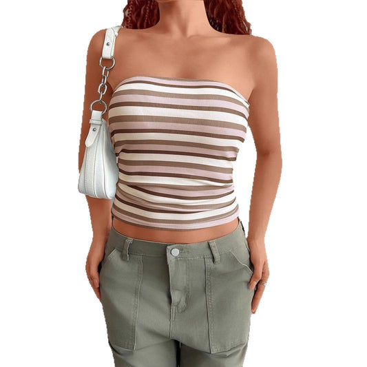 Hooded Striped Strapless Slim Fit Vest | Knit Bandage Crop Tube Top for Women