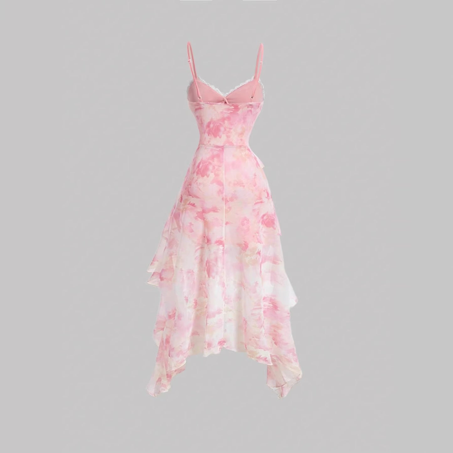 Elegant Floral Mesh Camisole Dress - High-Low Ruffle Asymmetrical Skirt