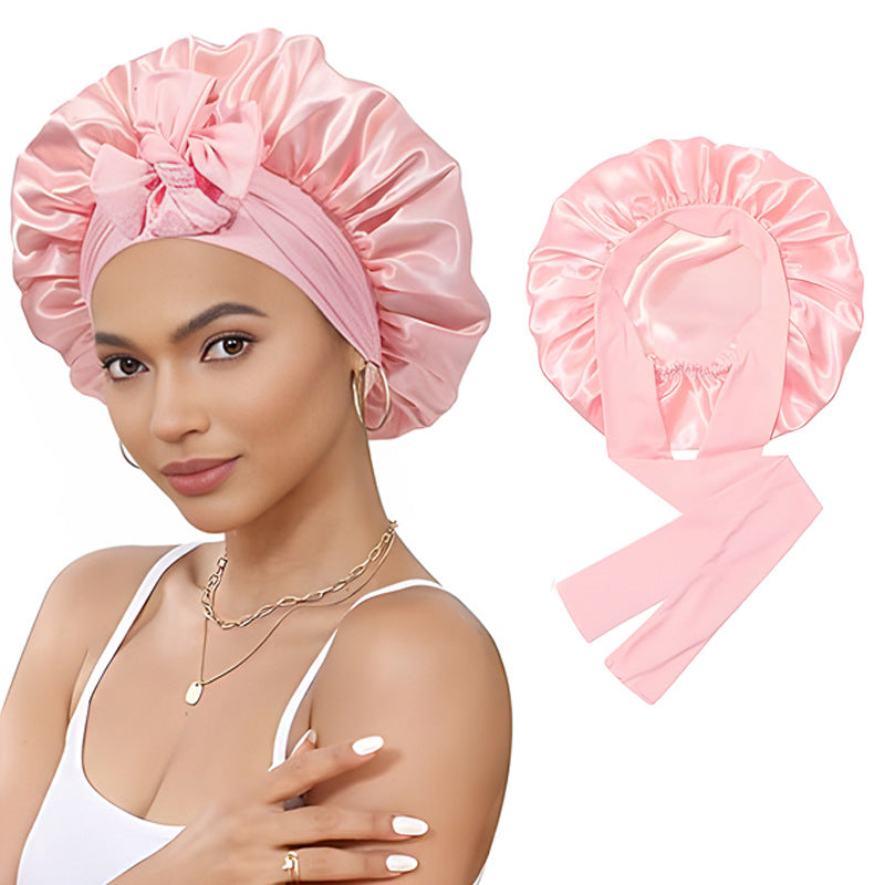 Silky Satin Hair Bonnets with Ribbon Tie | Long Hair Care Sleep Night Cap