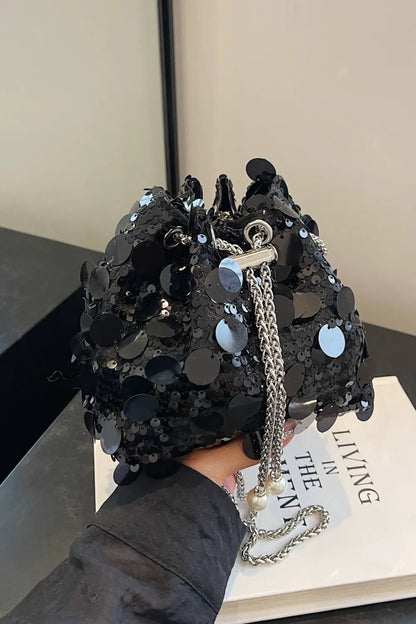Shimmering Drawstring Sequin Pouch Crossbody Bag