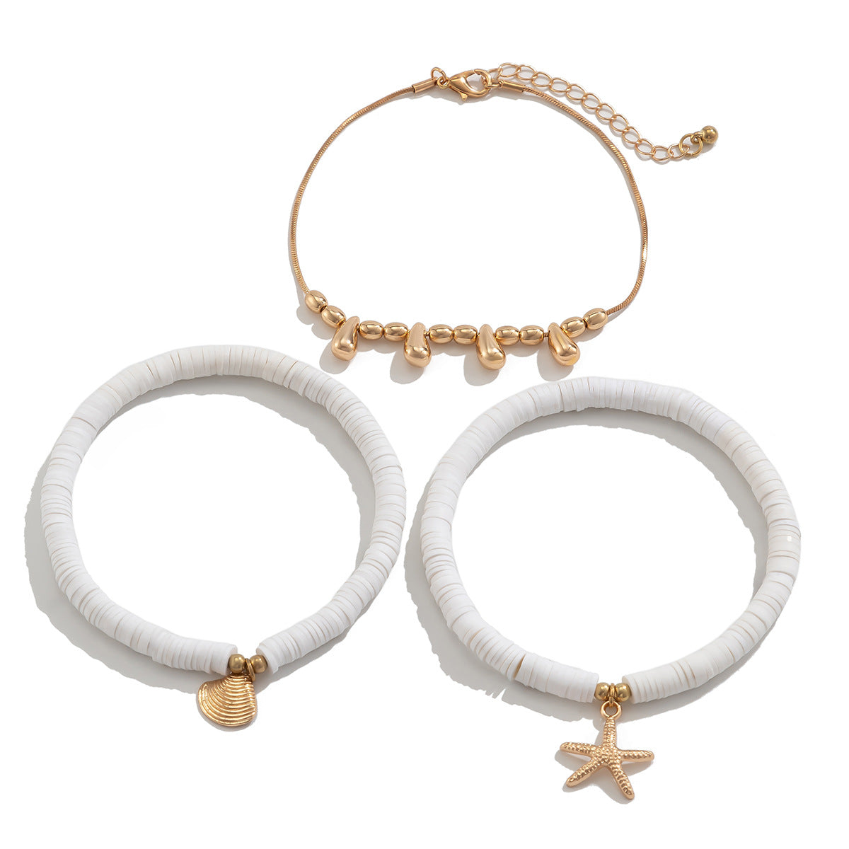 Boho Starfish Charm & White Beaded Anklet Set