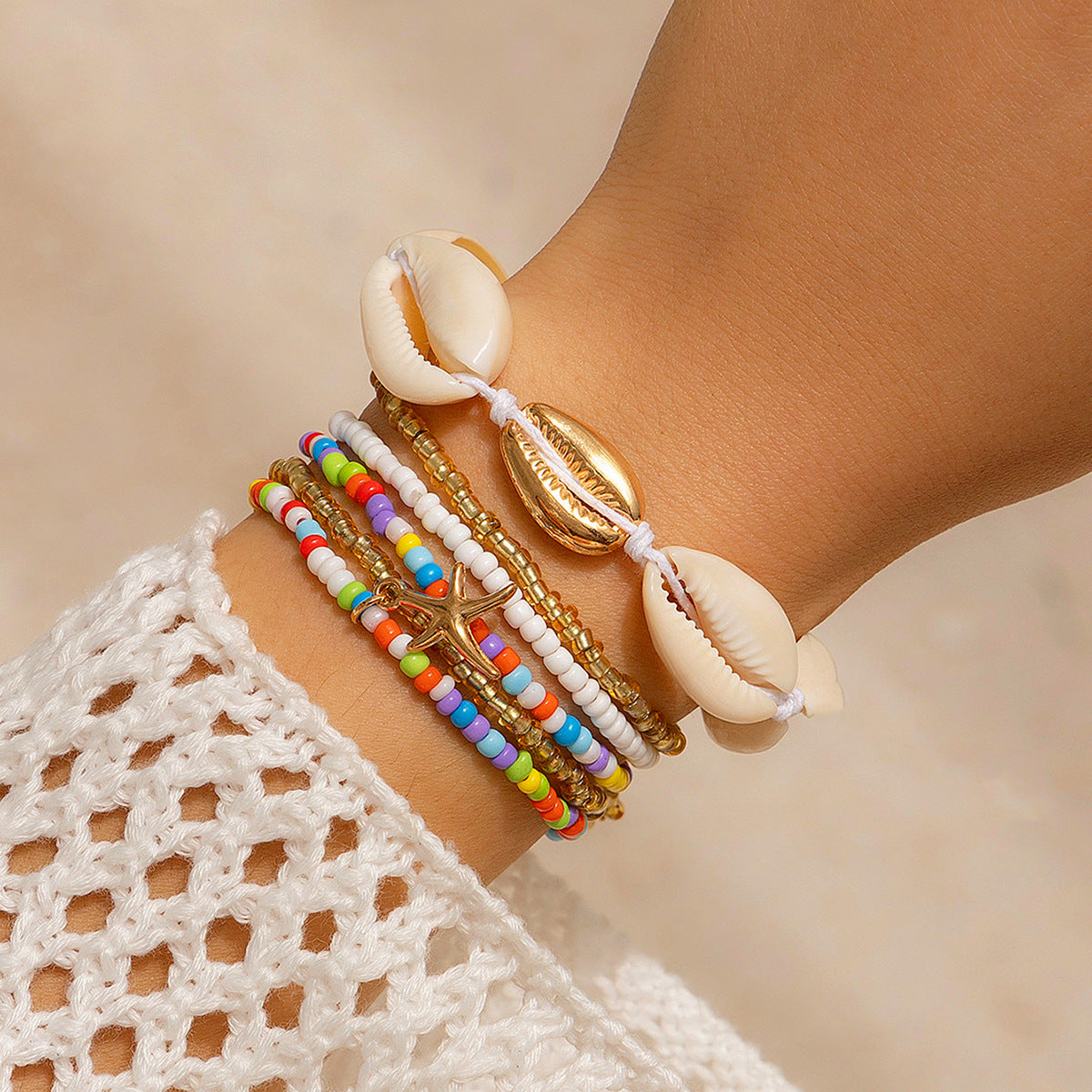Bohemian Rice Bead & Cowrie Shell Bracelet Set - Layered Starfish Vacation Jewelry