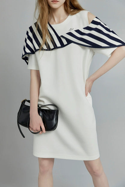 Chic Off-Shoulder Stripe Design White Commuting Dress - Elegant Minimalist Short Sleeve Niche Skirt for Women