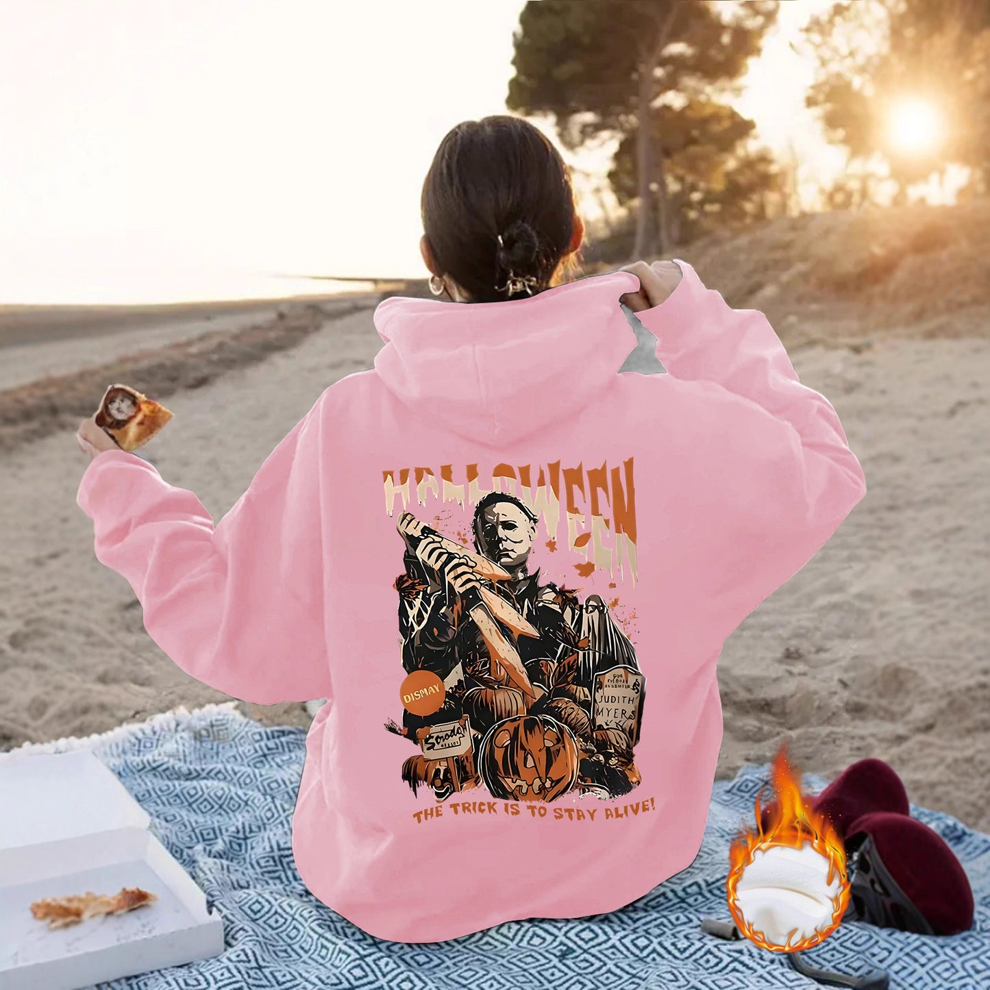 Grunge Skull Graphic Print Fleece Hoodie | Oversized Rust Brown Pullover for Streetwear