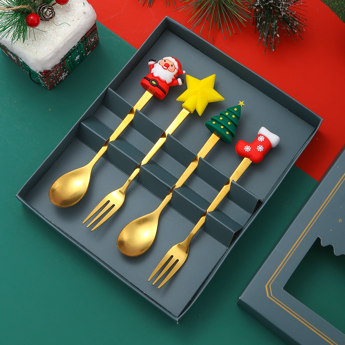 Luxury Christmas Gift Tableware Set - Gold Stainless Steel Coffee Spoon & Dessert Fork with Festive Cartoon Handles (Set of 4)