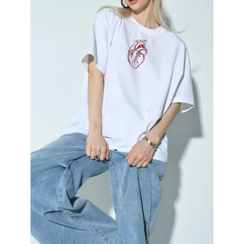 : Minimalist Anatomical Heart Print Loose Round Neck T-Shirt