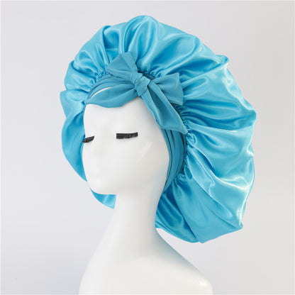 Wide-Brimmed Satin Bonnets with Elastic Ribbon Bow | Solid Color Hairdressing Sleep Cap