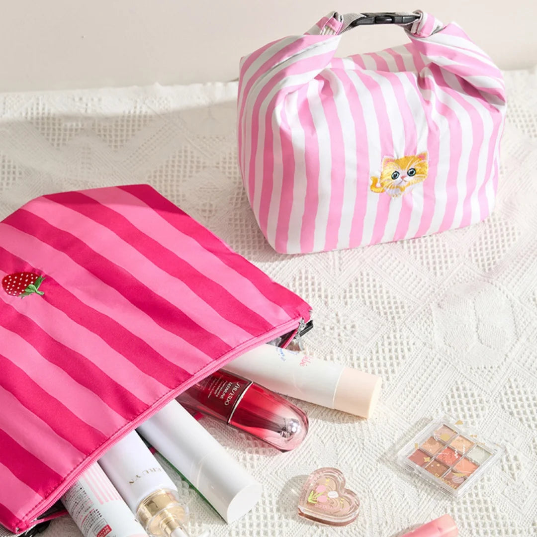 Cute Pink Striped Insulated Lunch Bag - Folding Roll-Top Large Capacity Bento Cooler Bag