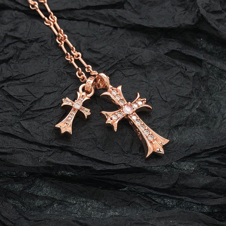 Retro Chrome Hearts Style Cross Necklace - Punk Rock Jewelry with Double Pendant