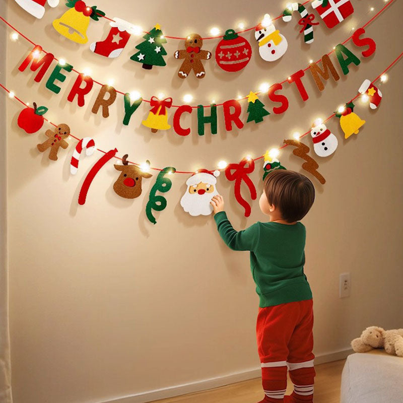 Handmade Christmas Pull String Flag Banner with LED String Lights
