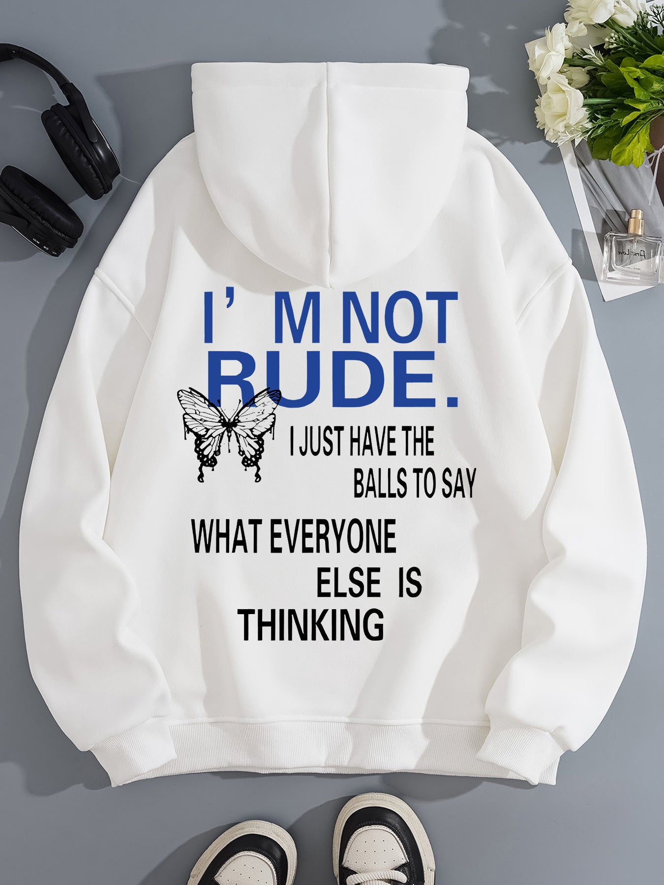 Funny Quote Print Fleece Hoodie | Beige Kangaroo Pocket Pullover for Men & Women