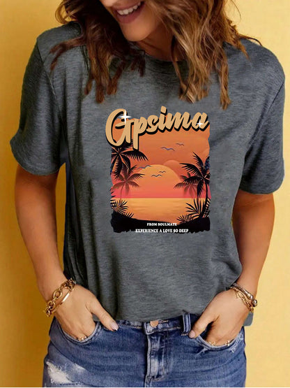 GPSIMA Sunset Beach Printed Round Neck Short Sleeve T-Shirt | Graphic Vacation Tee