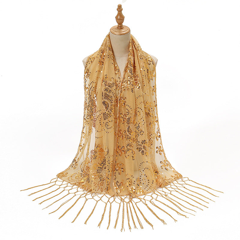 Long Fringe Sequin Embroidered Shawl | Party Dress Evening Banquet Thin Scarf
