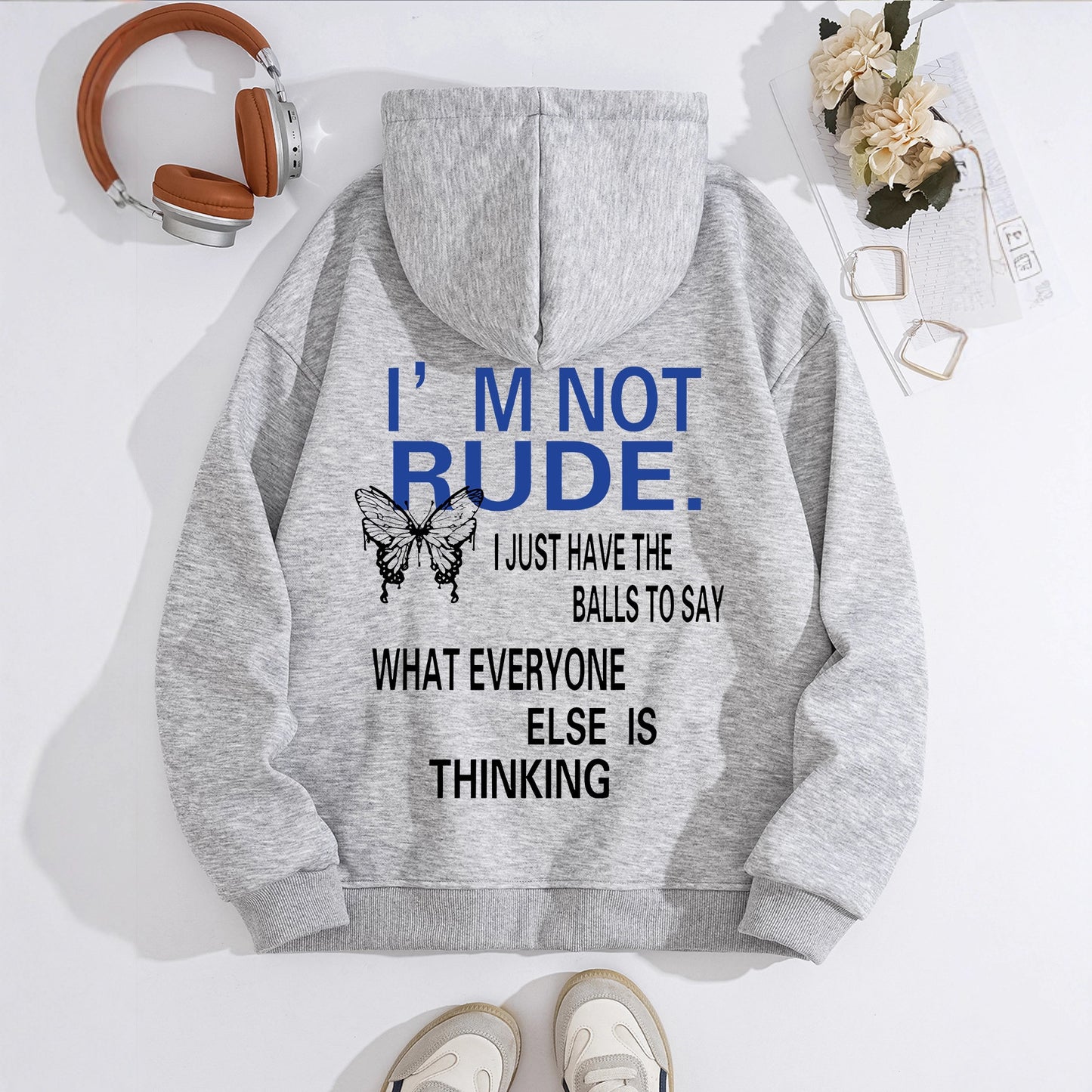 Funny Quote Print Fleece Hoodie | Beige Kangaroo Pocket Pullover for Men & Women