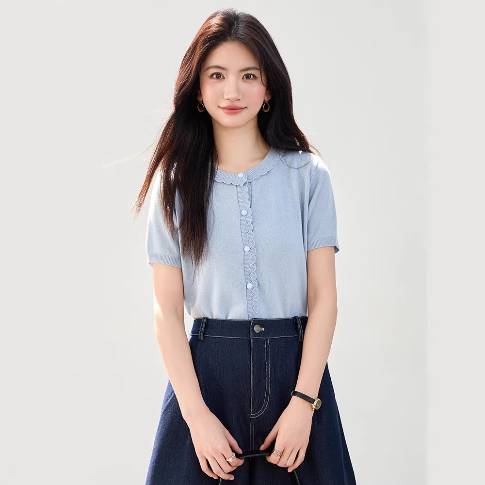 Chic Ice Silk Knit Short Sleeve Top - Lightweight Casual T-Shirt for Women