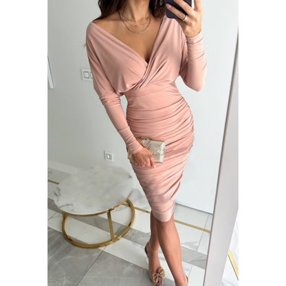 Glamorous V-Neck Ruched Bodycon Midi Dress with Long Sleeves