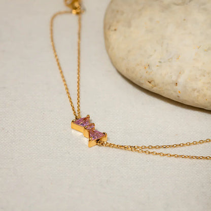 Elegant Stainless Steel Pink Zircon Bow Bracelet for Women