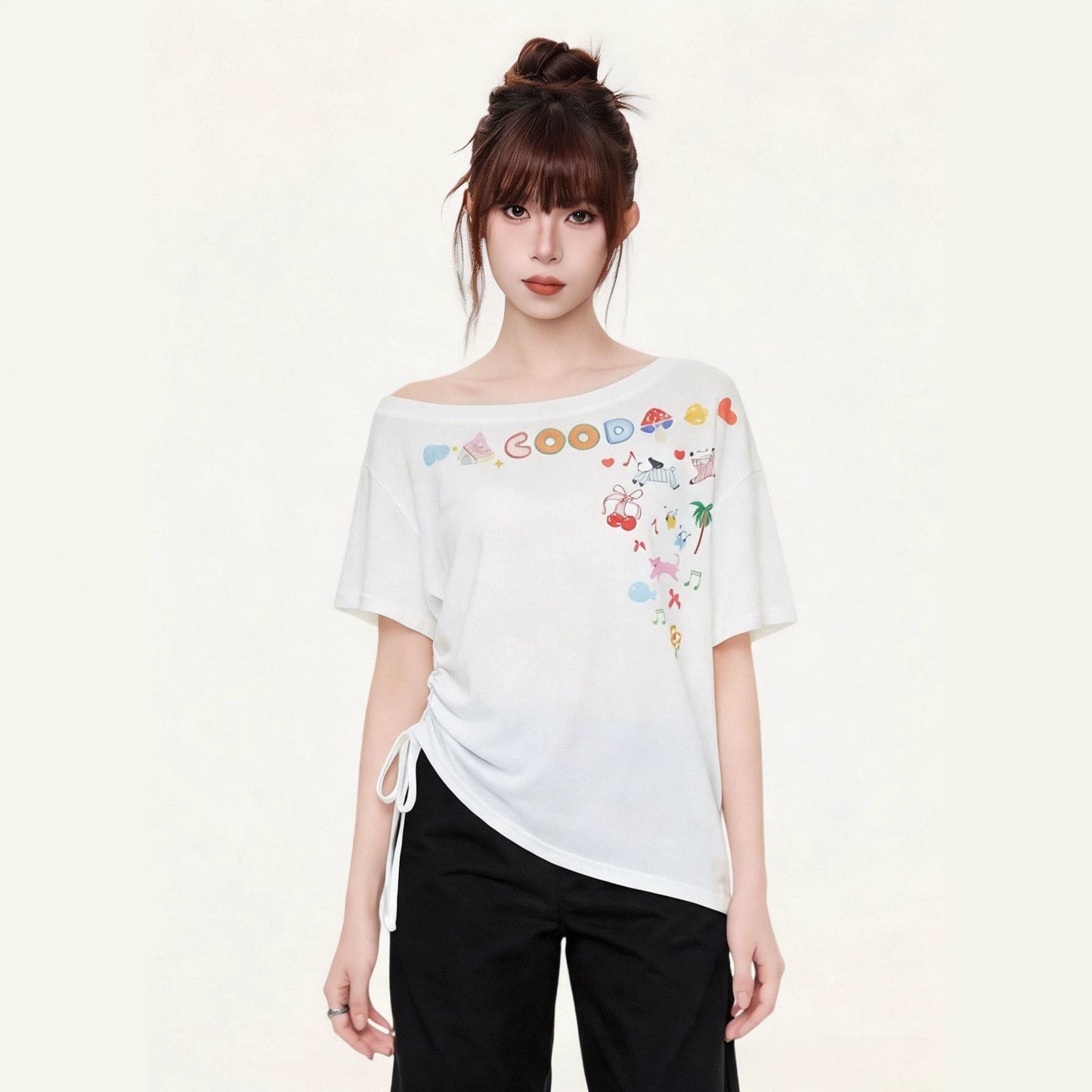 Women's Cute Cartoon Print Ruched Side Drawstring T-Shirt