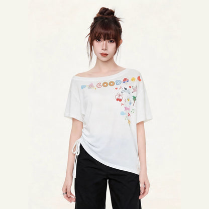 Women's Cute Cartoon Print Ruched Side Drawstring T-Shirt