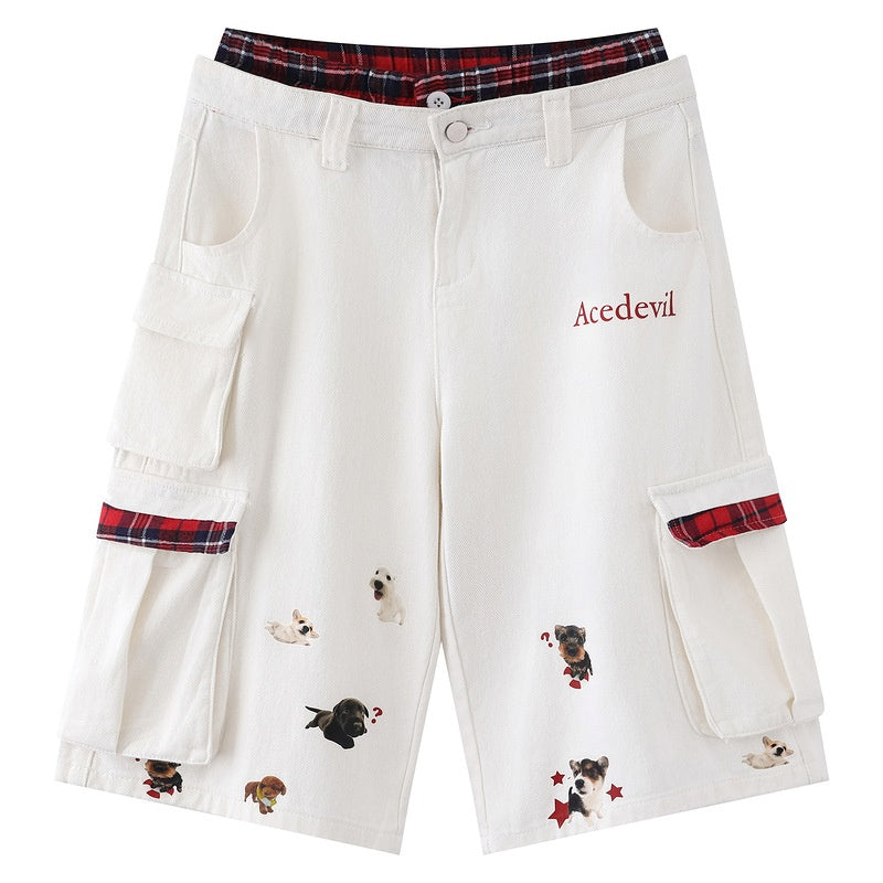 Street Style Plaid Spliced Cargo Shorts – Aesthetic White Wide-Leg Denim for Women