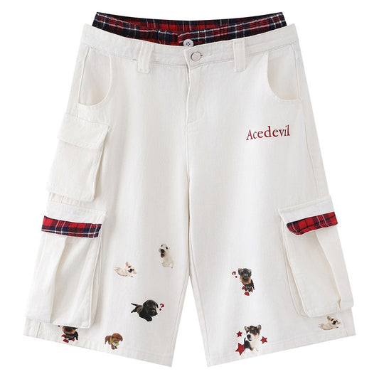 Street Style Plaid Spliced Cargo Shorts – Aesthetic White Wide-Leg Denim for Women