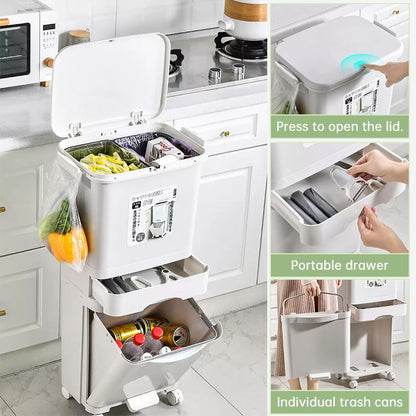 42L Kitchen Trash Can 3 Compartments with Pedal & Wheels
