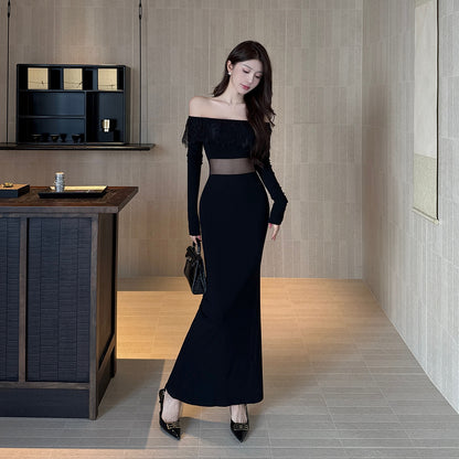 Elegant Off-Shoulder Long Bodycon Dress with Sheer Mesh Waist