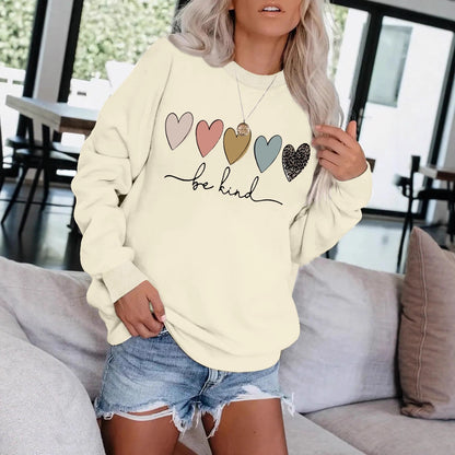 Be Kind" Multicolor Heart Print Black Sweatshirt | Cozy Women's Love Graphic Pullover
