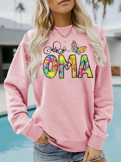 OMA" Butterfly Tie-Dye Print Sweatshirt | Loose Fit Brown Pullover for Grandmas