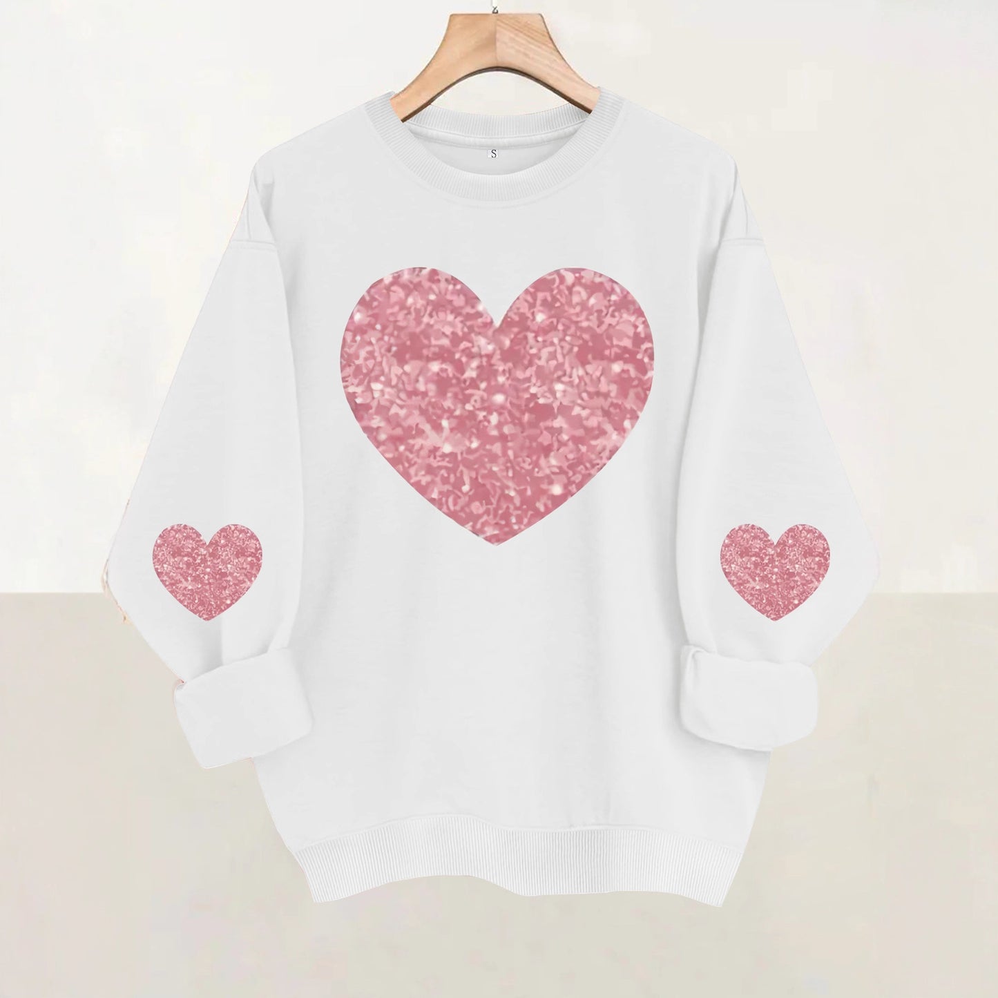 Pink Glitter Heart Print Grey Sweatshirt | Cozy Long Sleeve Pullover for Women