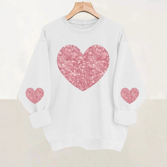 Pink Glitter Heart Print Grey Sweatshirt | Cozy Long Sleeve Pullover for Women