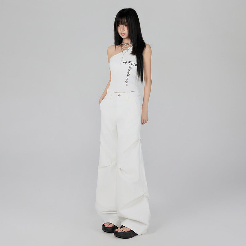 Chic White High-Waist Pleated Flared Trousers - Elegant Loose Fit