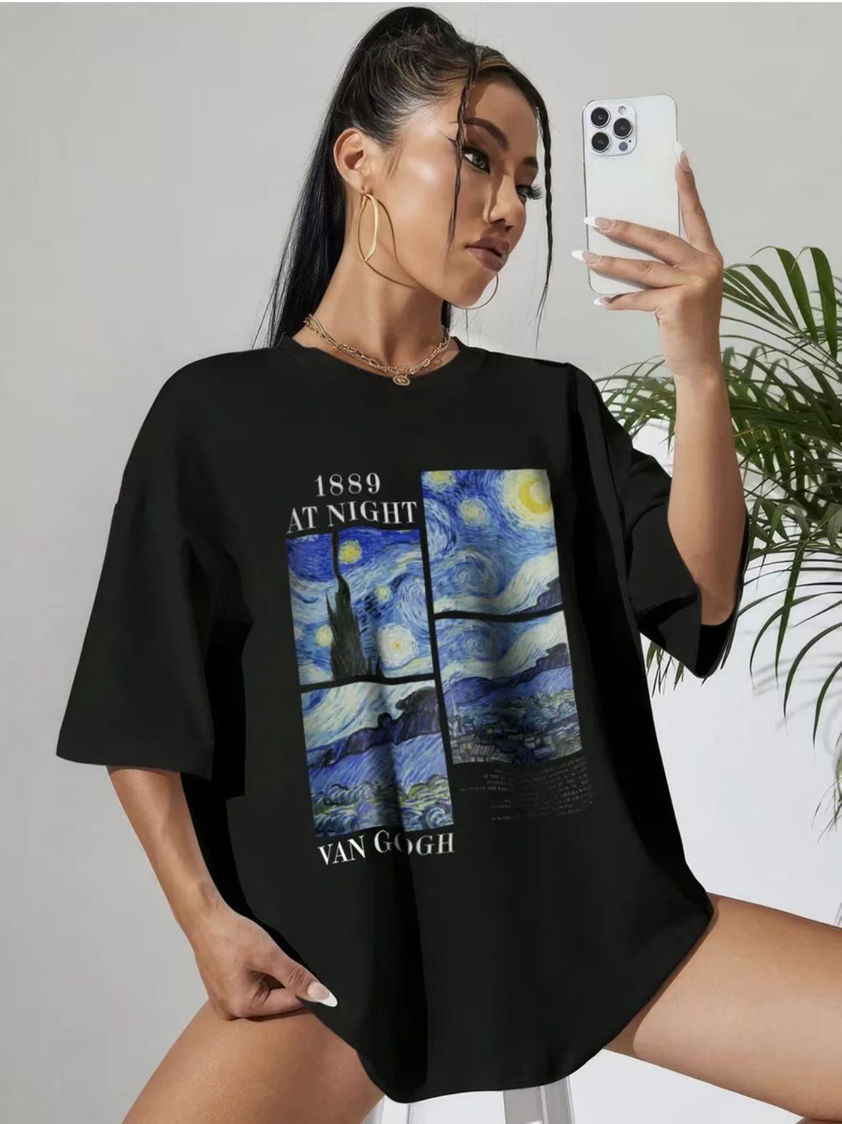 Women's Casual Starry Sky Pattern Graphic Tee - Artistic Black T-Shirt
