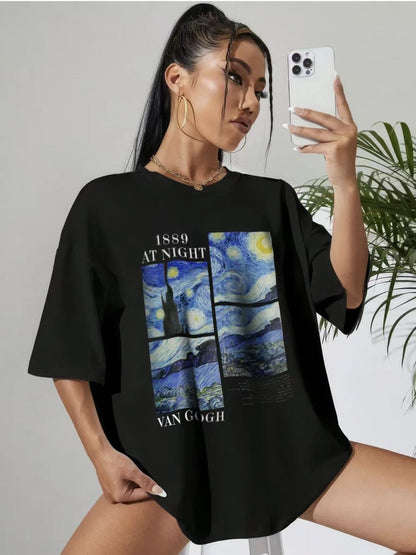 Women's Casual Starry Sky Pattern Graphic Tee - Artistic Black T-Shirt