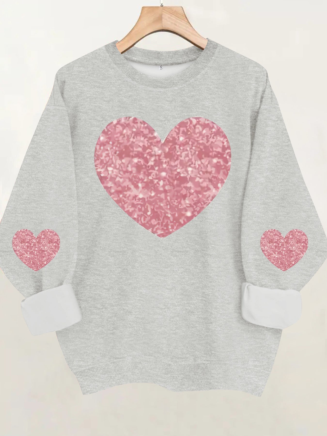 Pink Glitter Heart Print Grey Sweatshirt | Cozy Long Sleeve Pullover for Women