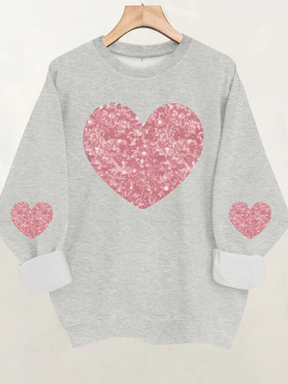 Pink Glitter Heart Print Grey Sweatshirt | Cozy Long Sleeve Pullover for Women