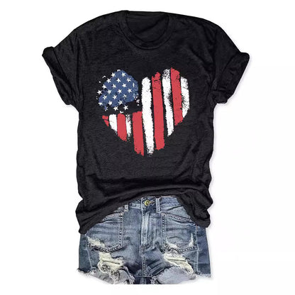 American Flag Heart Graphic T-Shirt | Patriotic Round Neck Short Sleeve Top