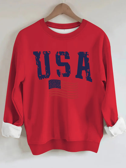 USA Flag Distressed Print Grey Sweatshirt | Unisex Round Neck Sports Pullover