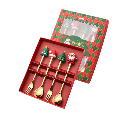 Luxury Christmas Gift Tableware Set - Gold Stainless Steel Coffee Spoon & Dessert Fork with Festive Cartoon Handles (Set of 4)