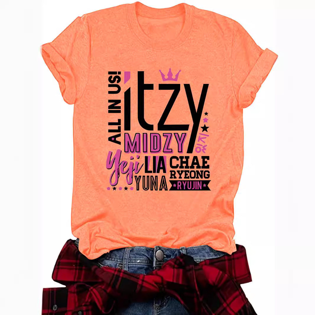 ITZY Slogan Letter Round Neck Short Sleeved Shirt | K-Pop Inspired Graphic T-Shirt
