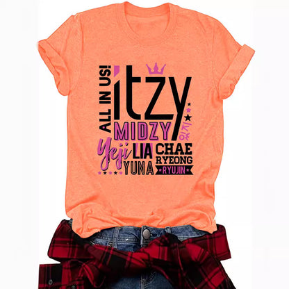 ITZY Slogan Letter Round Neck Short Sleeved Shirt | K-Pop Inspired Graphic T-Shirt